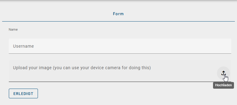 Der Screenshot zeigt die Option, innerhalb des Formulars ein Foto aufnehmen oder ein vorhandenes Bild aus Ihrer Galerie auszuwählen.