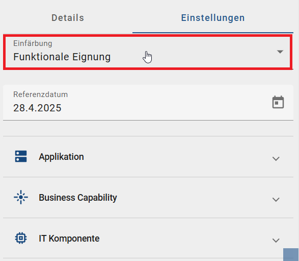 Der Screenshot zeigt die Auswahlliste, in der ein Attribut für die Einfärbung angepasst werden kann.