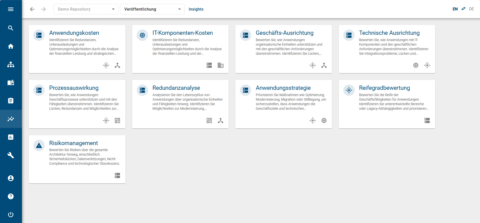 Der Screenshot zeigt die Auswahl an Kacheln, wenn Sie den Menüeintrag "Insights" in der linken Menüleiste auswählen.