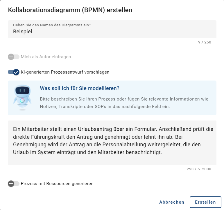 Der Screenshot zeigt die Möglichkeit, Ihren Prozess zu beschreiben, damit Arty ein Diagramm basierend auf Ihren Anforderungen erstellen kann.