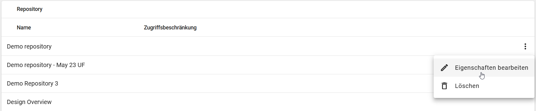 Der Screenshot zeigt die Option "Eigenschaften bearbeiten" im Kontextmenü eines Repositories in der Administration.