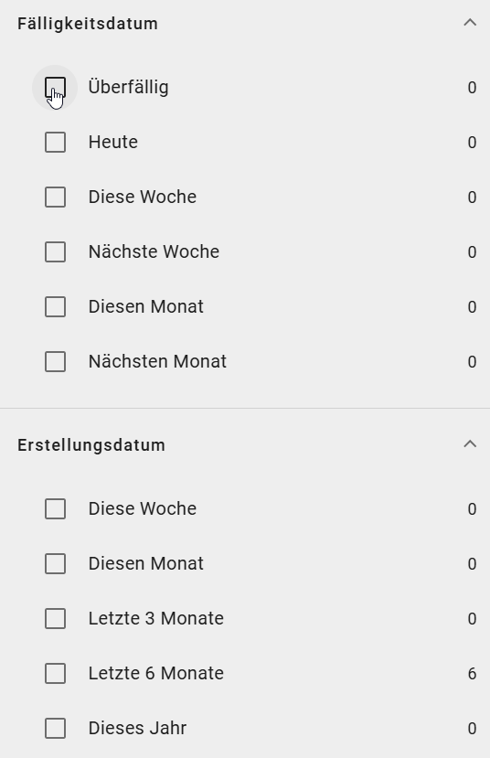 Der Screenshot zeigt die Filteroption "Fälligkeitsdatum" für die Vorgänge.