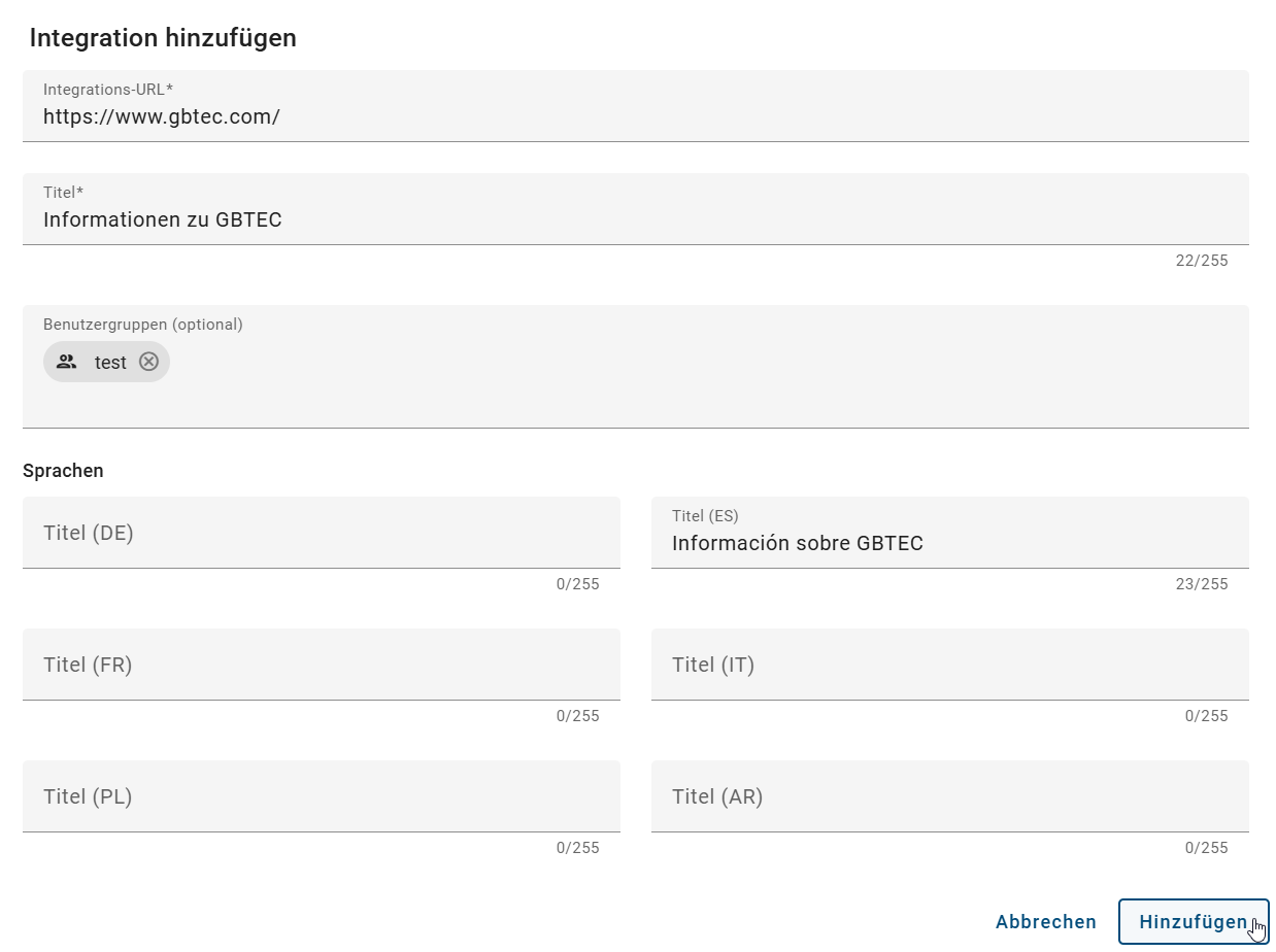 Der Screenshot zeigt das Dialogfenster zur Erstellung einer neuen Integration.