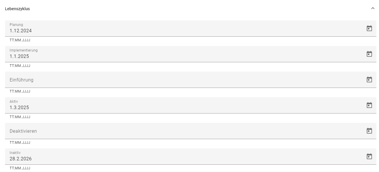 Der Screenshot zeigen den Bearbeitungsmodus für die Attributgruppe "Lebenszyklus" im Katalog.