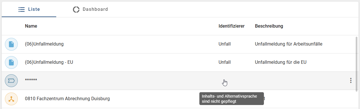 Der Screenshot zeigt die Tabellenansicht über die ausgewählten Attribute der Katalogeinträge.