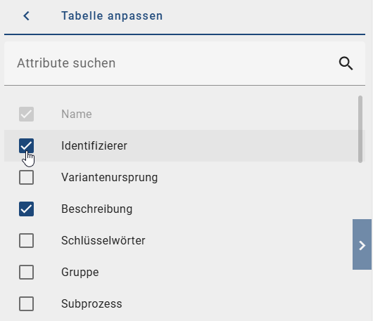Der Screenshot zeigt eine Liste über die Attribute, die die Listenansicht des Katalogs zu einer Tabellenansicht erweitern können.