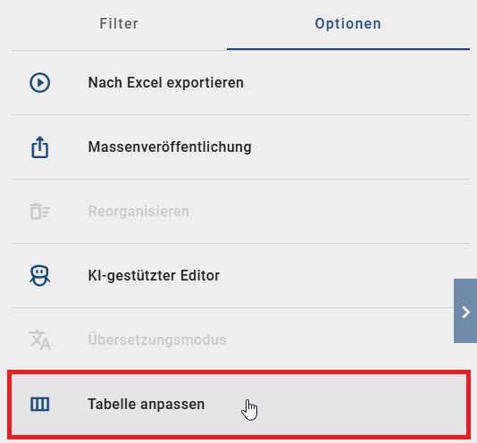 Der Screenshot zeigt die Schaltfläche "Tabelle anpassen" in der Registerkarte "Optionen" in der rechten Seitenleiste des Katalogs.