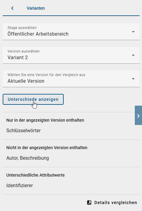 Der Screenshot zeigt die Unterschiede zwischen der ausgewählten Katalogvariante und dem aktiven Katalogobjekt im Bereich "Varianten" für ein Katalogobjekt.