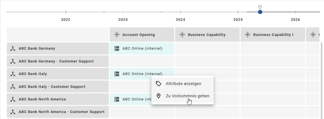 Der Screenshot zeigt die Option, direkt zum Kontext eines angezeigten Hauptobjekts im Raster zu navigieren.