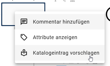 Der Screenshot zeigt die Option "Katalogeintrag vorschlagen" im Kontextmenü eines Objekts in einem eingecheckten Diagramm.