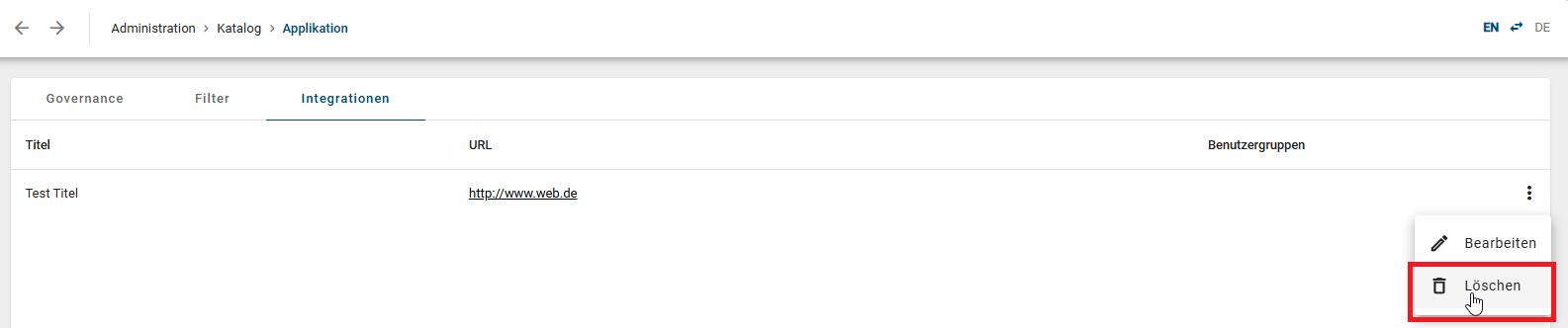 Der Screenshot zeigt die Schaltfläche "Löschen", mit der Sie eine Integration entfernen können.
