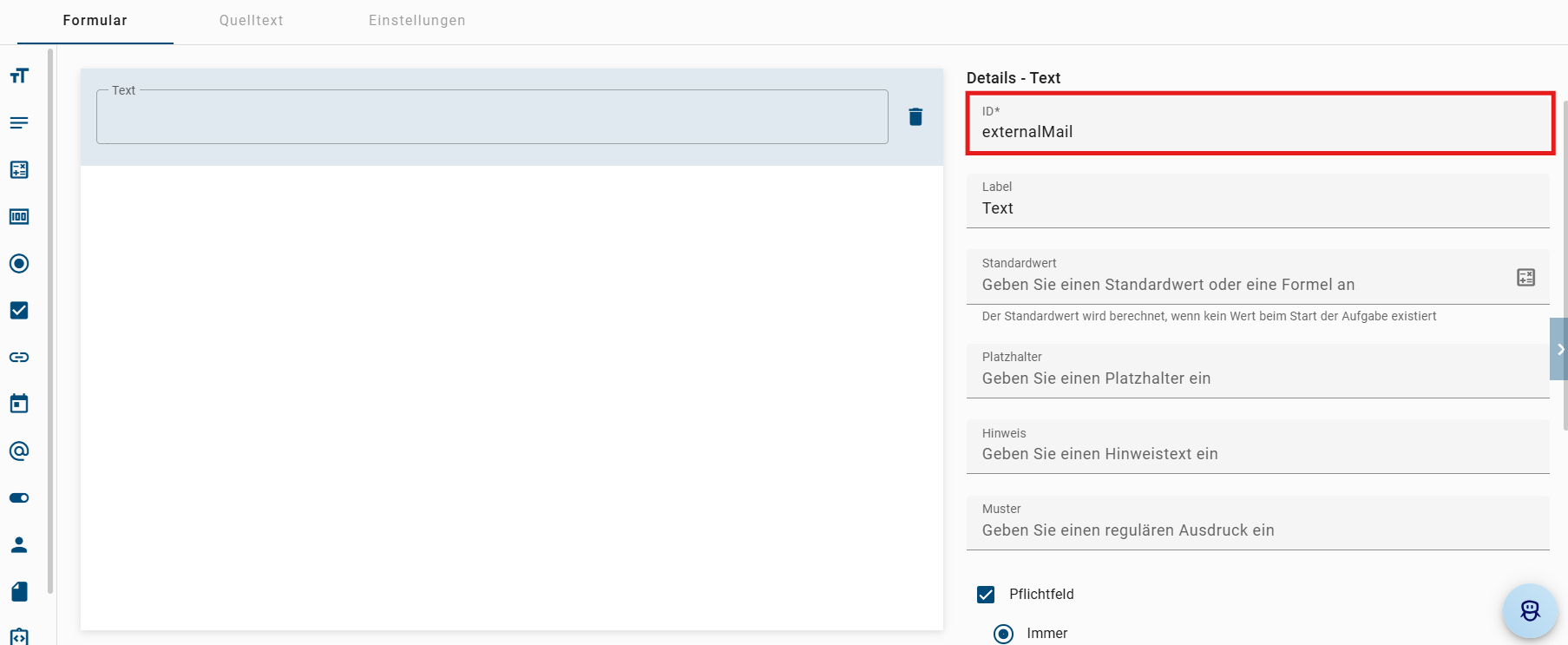 Der Screenshot zeigt einen Forms-Editor mit der ID „externalMail“.
