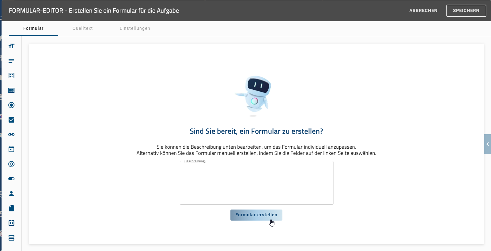 Der Screenshot zeigt die Option "Formular erzeugen" im Formular-Editor für eine Aktivität, wenn Arty aktiviert ist.