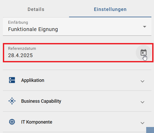Der Screenshot zeigt die Option "Referenzdatum" in der Registerkarte "Einstellungen" in der rechten Seitenleiste einer geöffneten Insight.