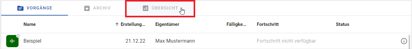 Der Screenshot zeigt die Tabs in der Vorgangsliste einer ProcessApp.