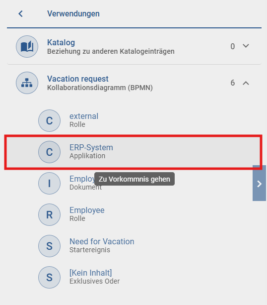 Der Screenshot zeigt die Schaltfläche "Verwendungen" in der Detailleiste.