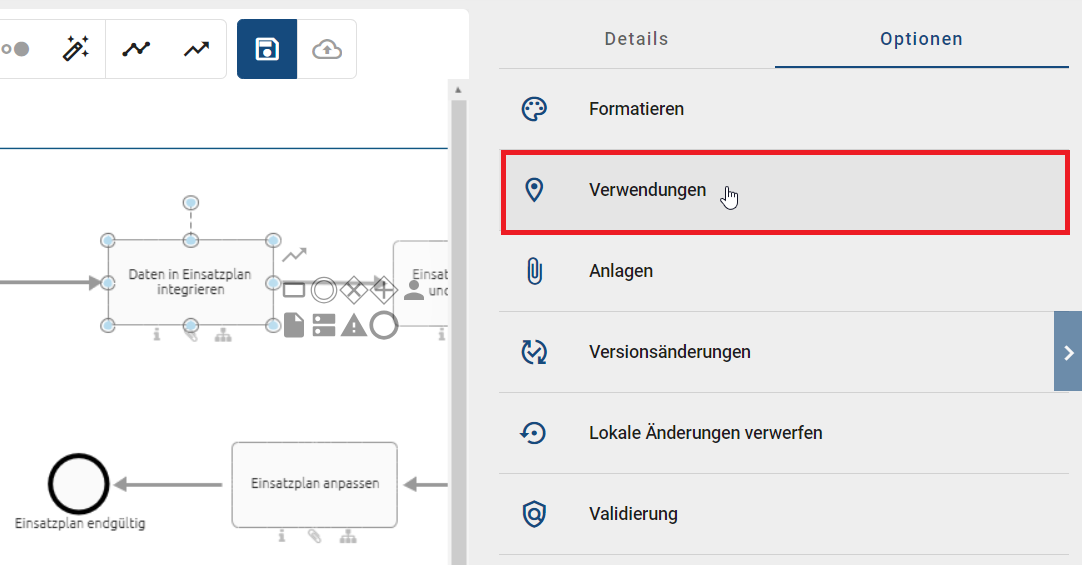 Hier wird die Schaltfläche "Verwendungen anzeigen" im Kontextmenü eines Objekts angezeigt.