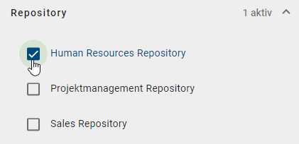 Dieser Screenshot zeigt den Filter "Repositorys", der alle verfügbaren Repository-Namen auflistet.