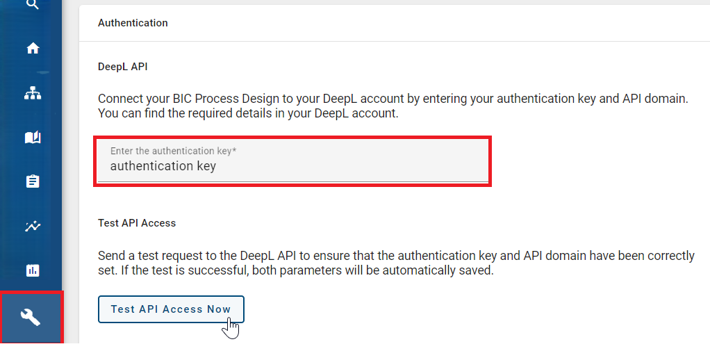 The screenshot shows the authentication of the DeepL API in the administration.