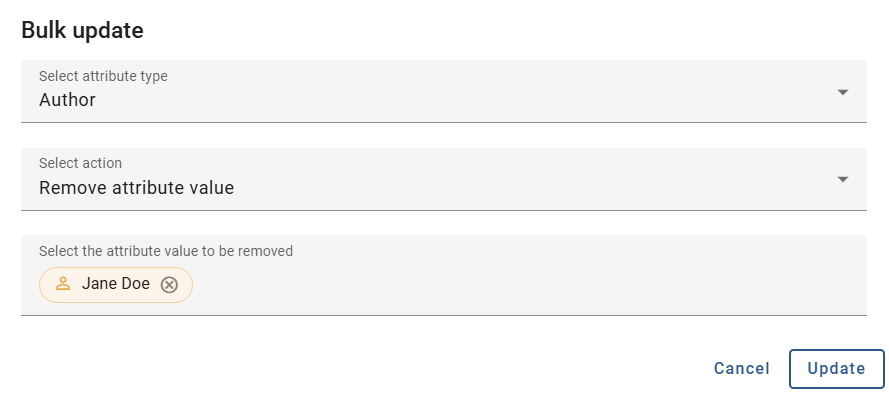 The screenshot shows the dialog window for removing an attribute value in bulk updating.
