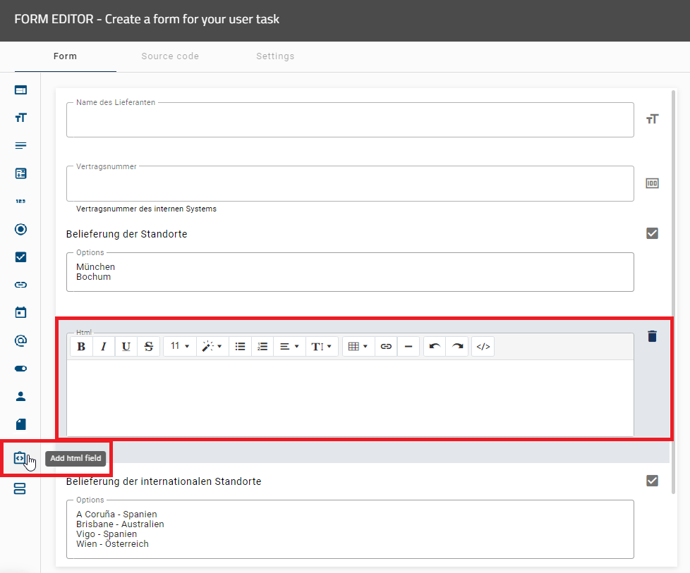 The screenshot shows the detailed overview of the HTML form field.