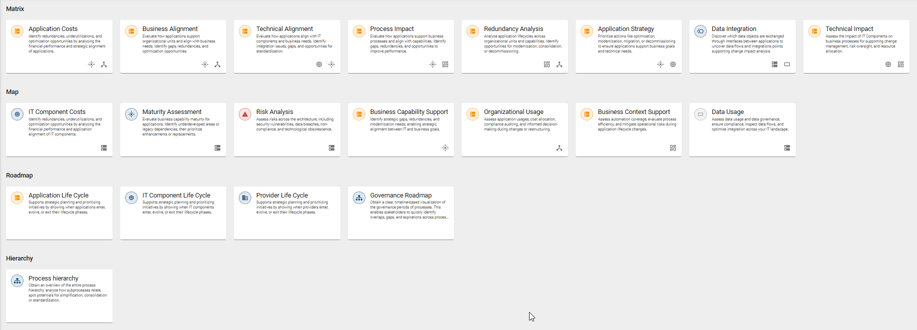 The screenshot shows the selection of tiles when you select the "Insights" menu item in the left menu bar.