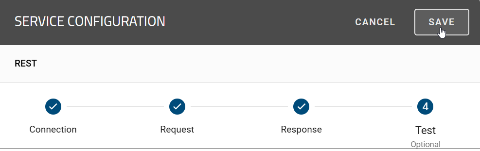 Here the buttons "cancel" and "save" in the REST configuration header are displayed.