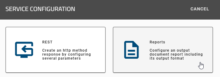 The screenshot shows the selection of the service configuration to open either a "REST or Reports configuration".