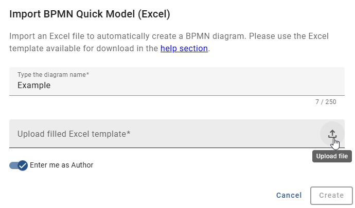 The screenshot shows the dialog window for the option "Import BPMN Quick Model (Excel)".