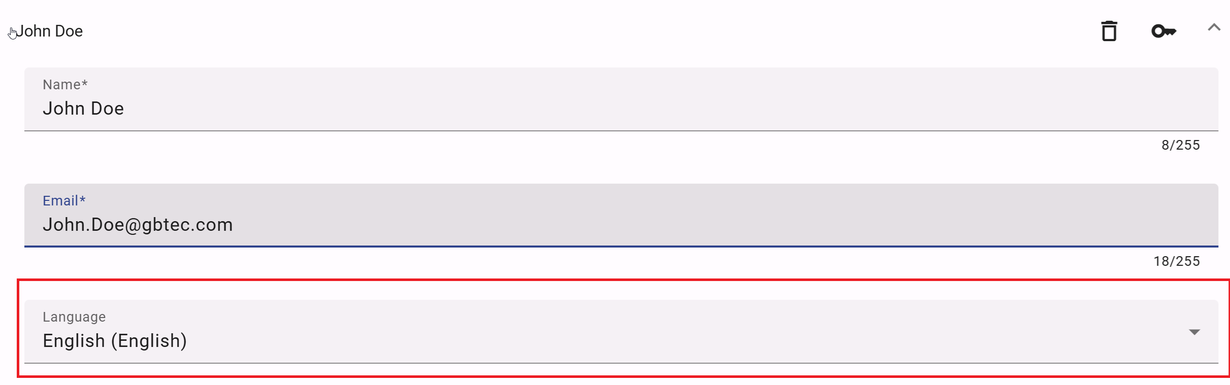 The screenshot shows the drop-down menu to set the user language.
