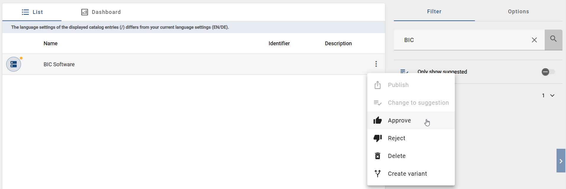 The screenshot shows the option "Accept" in the context menu of a catalog item.