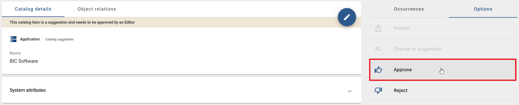 The screenshot shows the option "Accept" in the options of a catalog item.