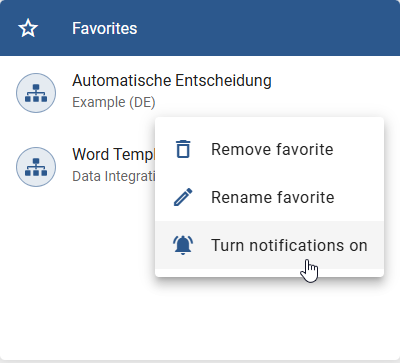 The screenshot shows the "Turn notifications on" option in the context menu of the personal diagram favorite.