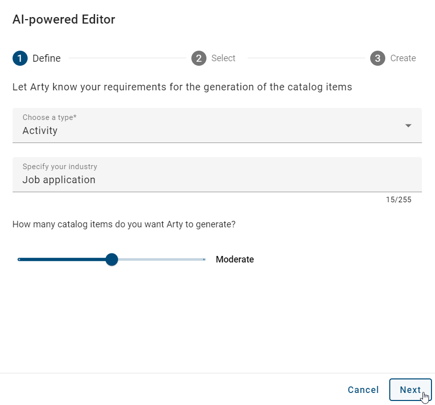 The screenshot shows in a dialog window the first step for creating an AI generated catalog item.