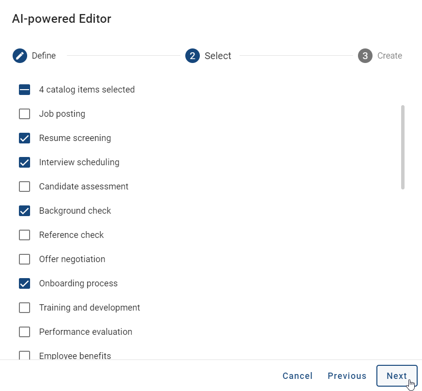 The screenshot shows in a dialog window the second step for creating an AI generated catalog item.