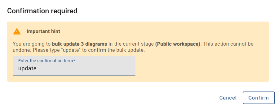 The screenshot shows the confirmation window for updating the bulk update.