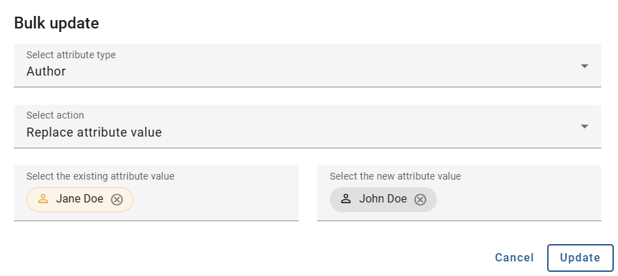 The screenshot shows the dialog window for bulk updating.