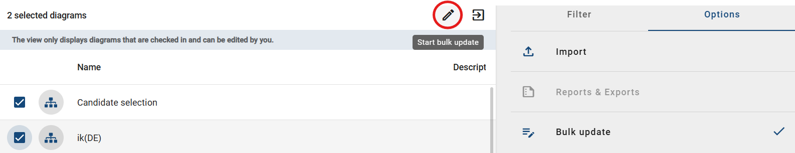 The screenshot shows the "Start Bulk Update" option after diagrams have been selected in bulk update mode.