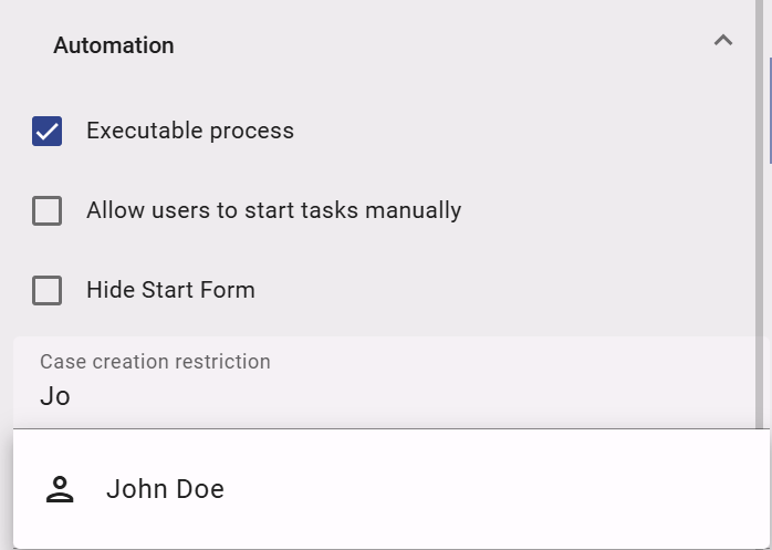 This screenshot demonstrates the suggestion list of the attribute "case creation restriction" after the entry of several characters.