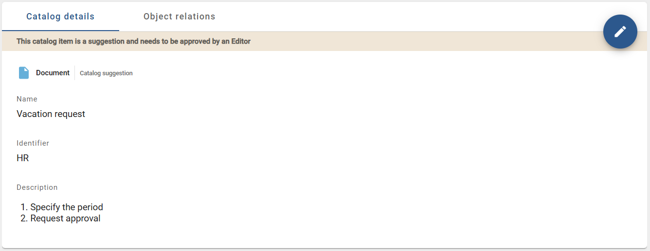 The screenshot shows the details of a catalog item of the type document, which contains an ordered list within the attribute "Description".