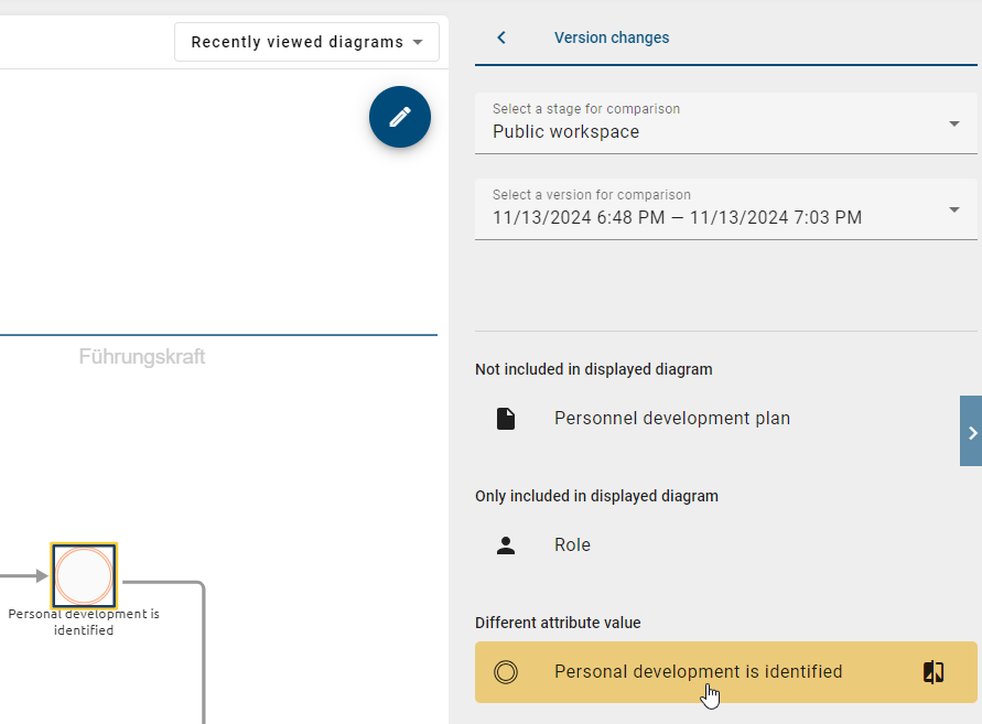 The screenshot shows the marked changes in different colors in the list and diagram.
