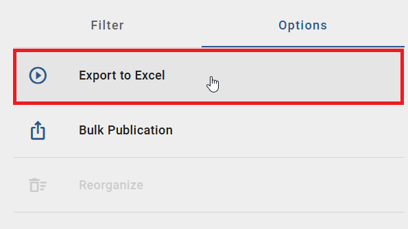 This screenshot shows the option "Export to excel" of the register card "Options" within the catalog.