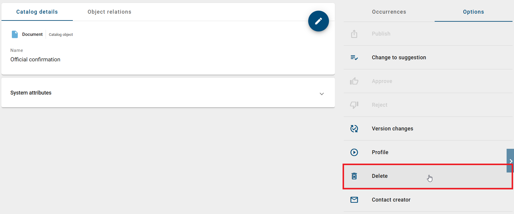 The option "Delete" in the sidebar of the detail view is displayed here.