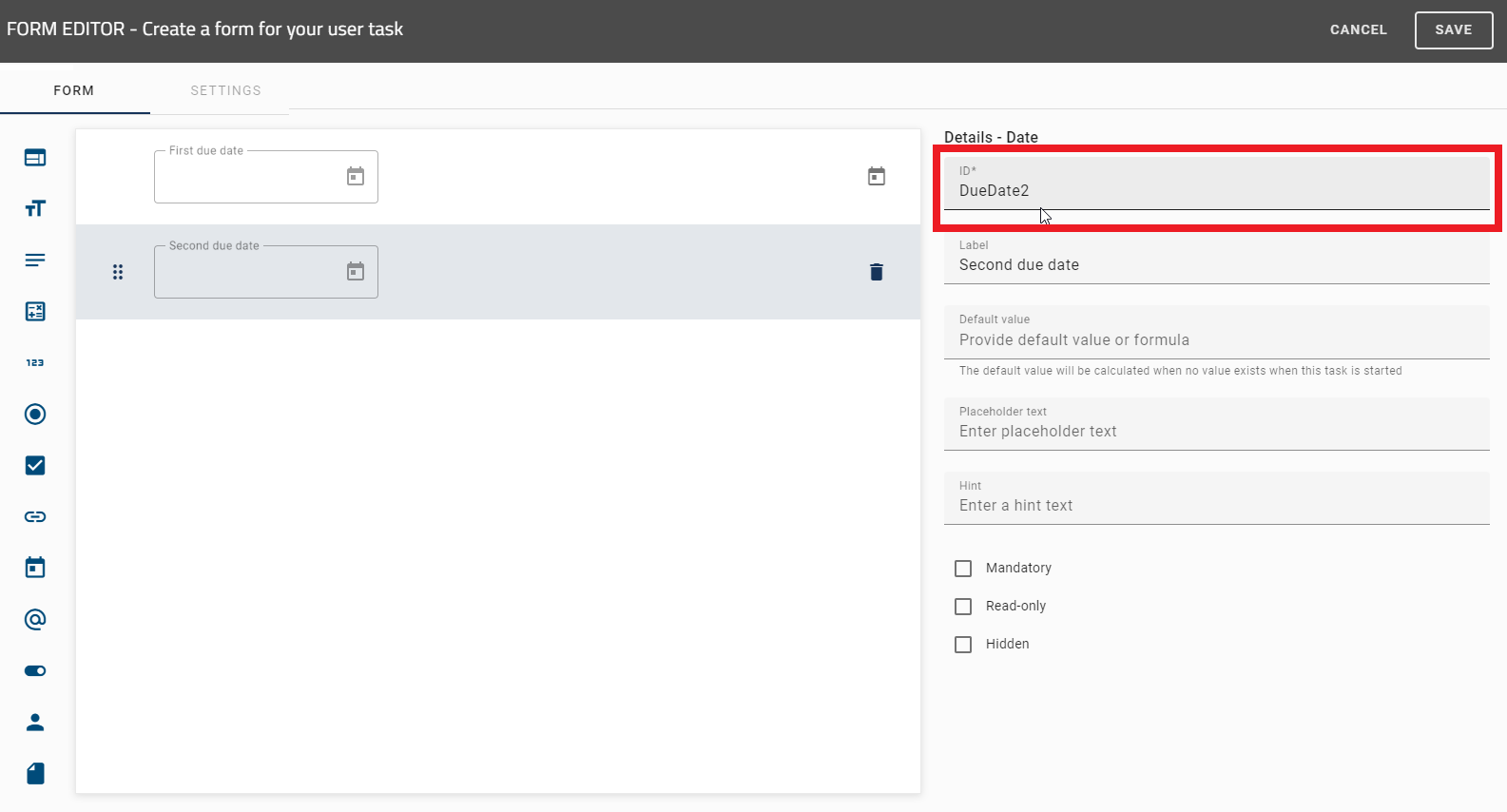 The screenshot shows the form editor with a declared date field ID.