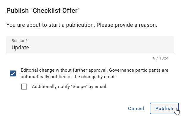 This screenshot shows the dialog of a catalog item publication process with editorial release function activated.