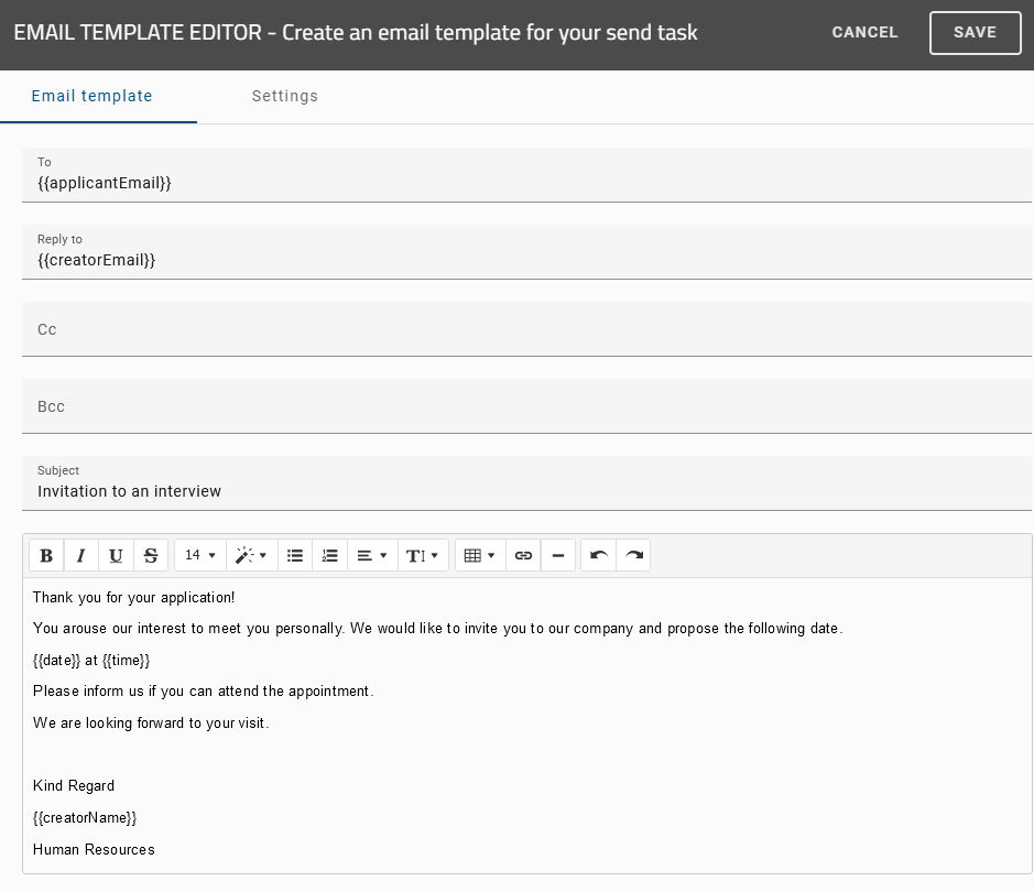 The screenshot shows the email-template editor in BIC Process Design. The text, "Reply to" and recipient field contains process variables.