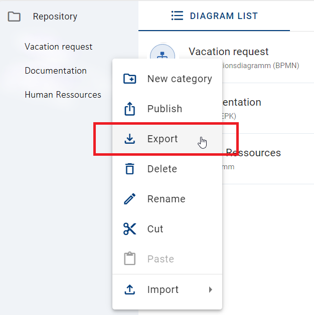 The screenshot shows the option "Export" for the chosen category in the category panel.