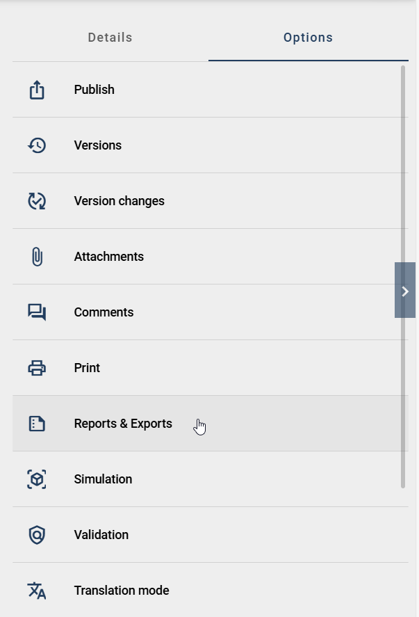 The screenshot shows the option "Exports & Reports" in the ride sidebar.