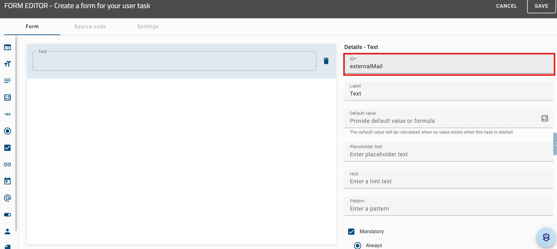 The screenshot shows a form editor with the ID “externalMail”.
