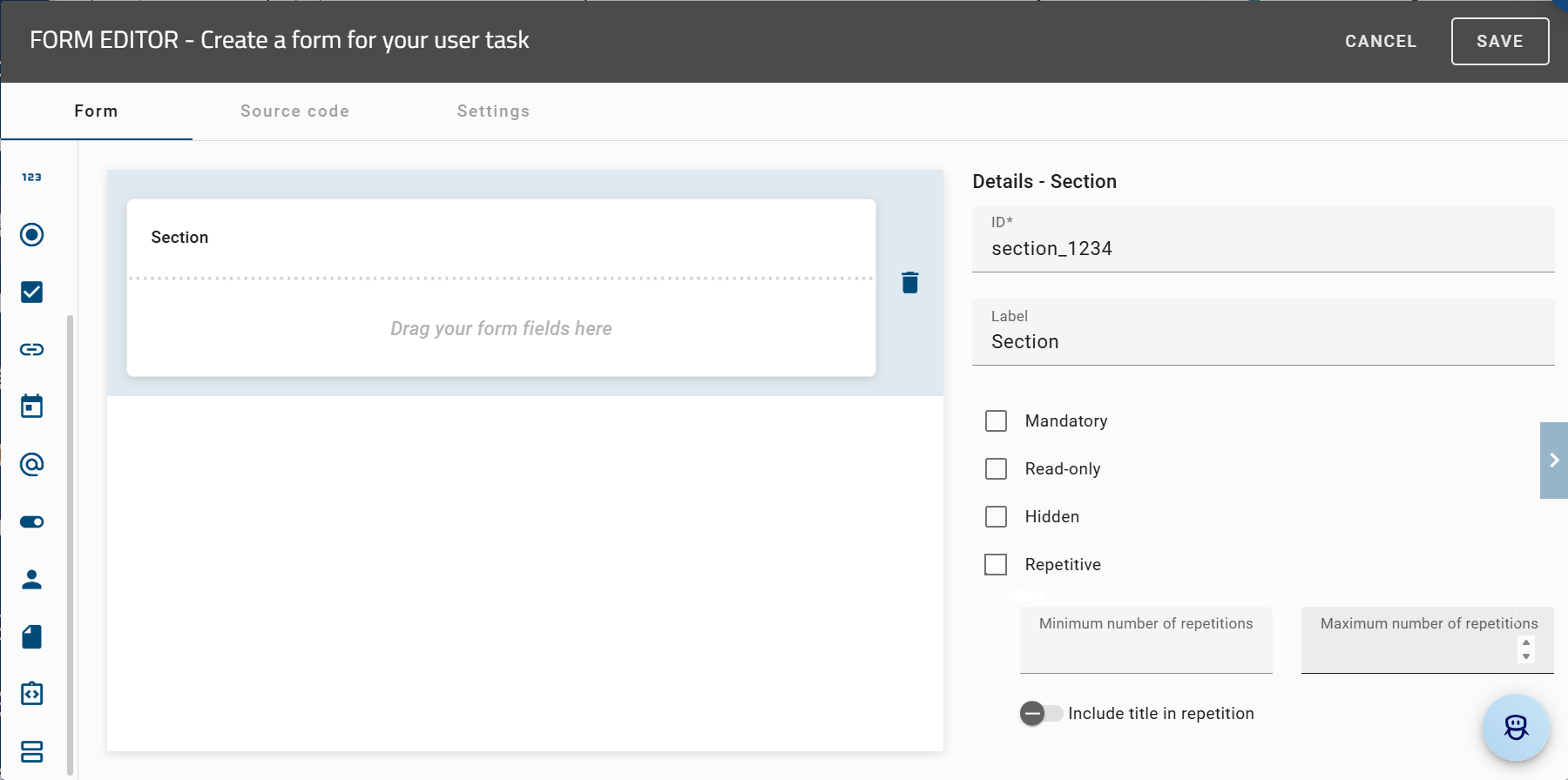 The screenshot shows the detailed overview of the "Section" form field.